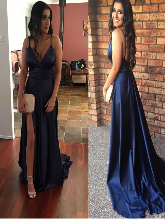 formal spaghetti straps blue side slit long prom dress, PD1370