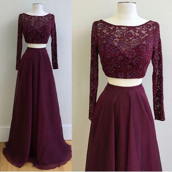 Two-Piece Long Sleeves Prom Dress with Lace, PD545