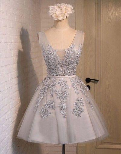 light gray lace appliques short homecoming dress, HD155