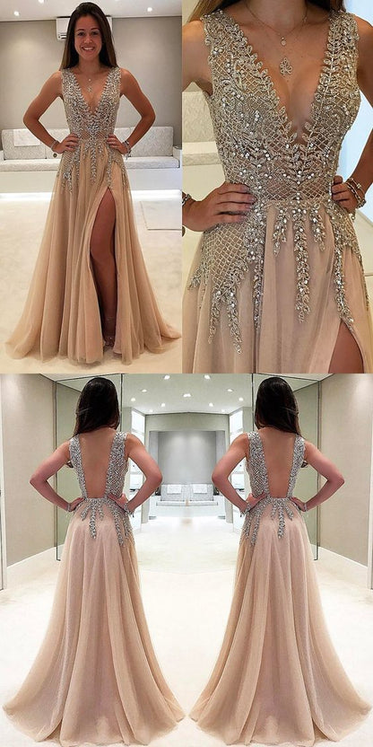 open back v-neck side slit long prom dress, PD5677