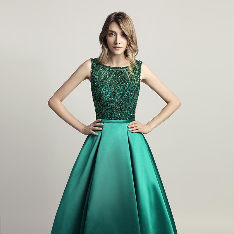 Elegant Beaded Long Prom Dresses Satin A-Line Evening Dresses V-Back Formal Dresses