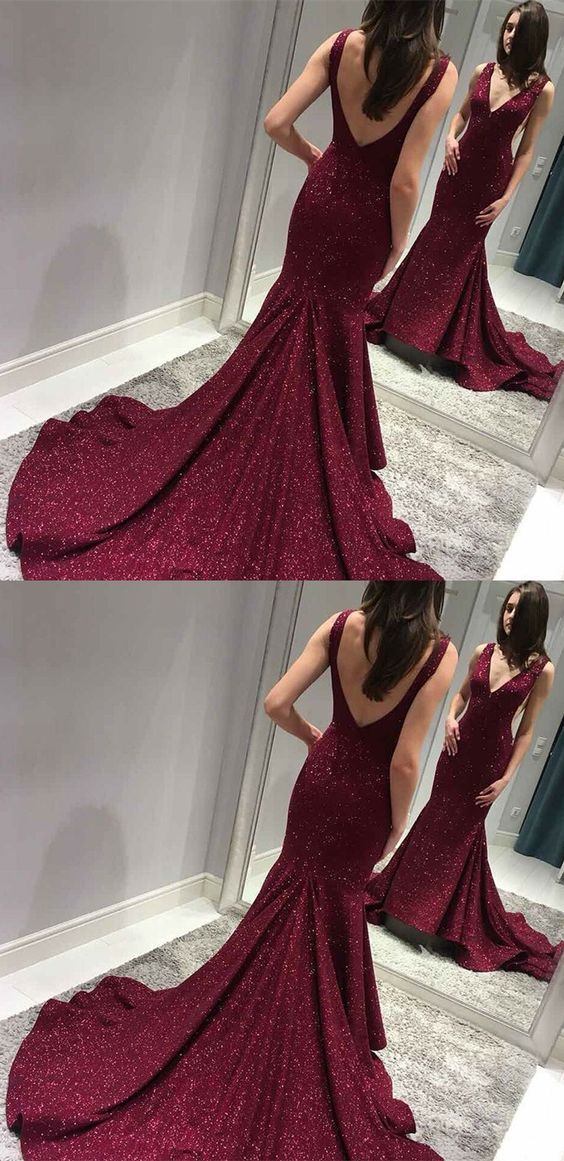 formal charming burgundy sparkle v-neck long mermaid prom dress, PD5898