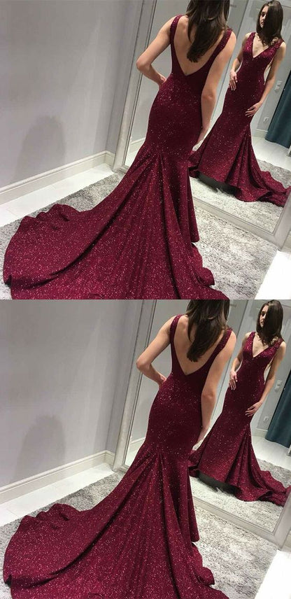 formal charming burgundy sparkle v-neck long mermaid prom dress, PD5898