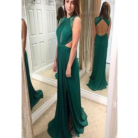 formal green chiffon open back side slit long prom dress, PD1369