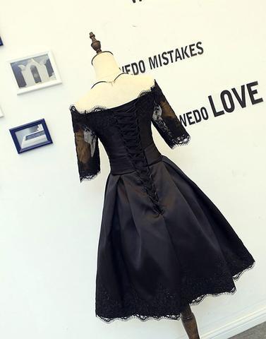 mid-sleeves off shoulder A-line black short homecoming dress, HD962