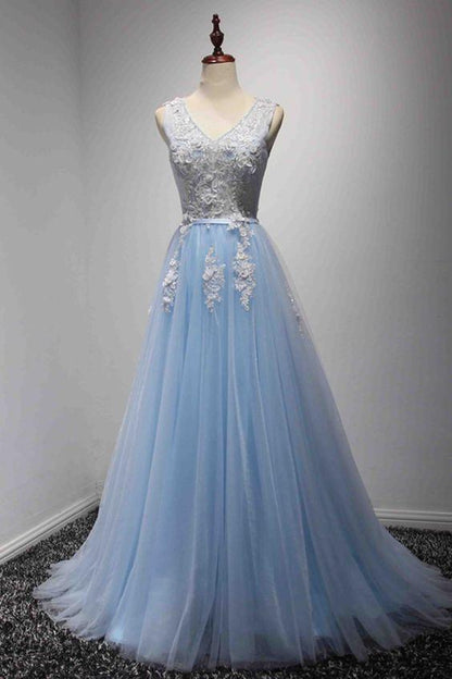 light blue tulle v-neck long prom dress lace appliques dresses, BD1628