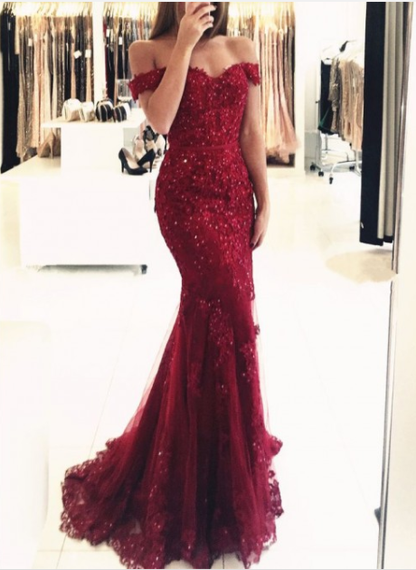 off shoulder elegant mermaid burgundy lace long prom dress, PD0207