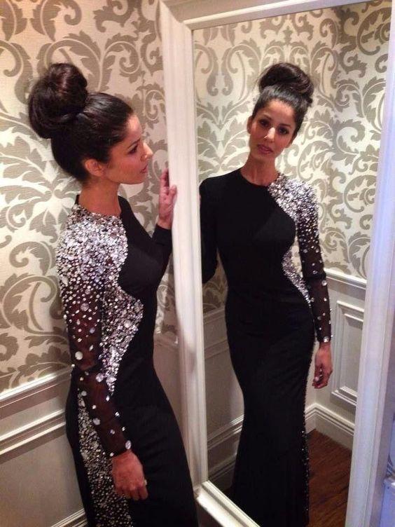 black prom dress, long prom dress, long sleeves prom dress, beaded prom dress, unique evening dress, BD521