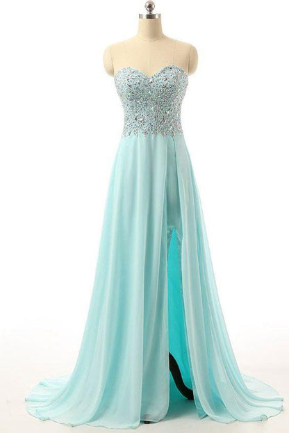 side slit prom dress, long prom dress, sweetheart prom dress, beaded evening dress, chiffon prom dress, BD376