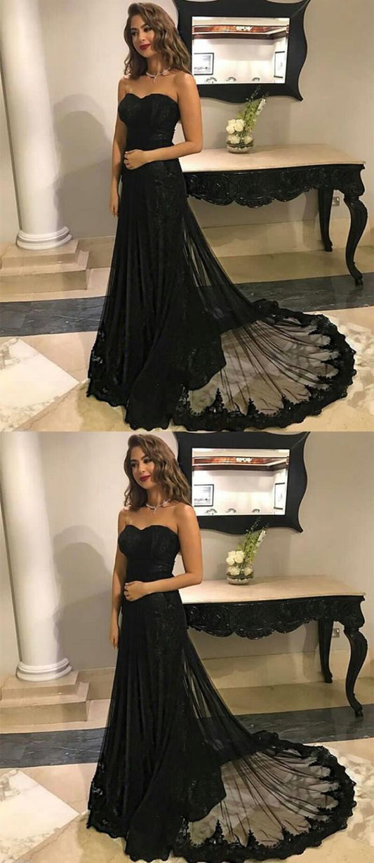 sweetheart black lace long prom dress, BD45412