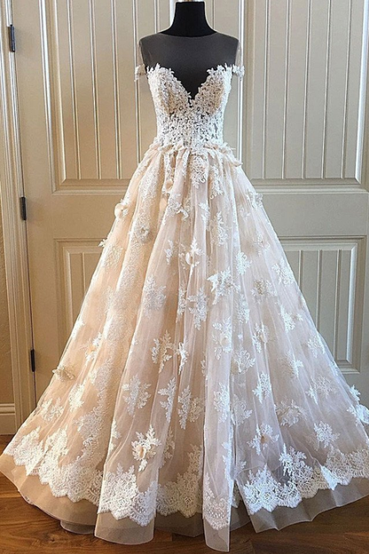 short sleeves scoop A-line lace appliques ivory vintage wedding dress, WD106