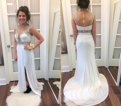 white chiffon side slit beaded long prom dress, PD9775