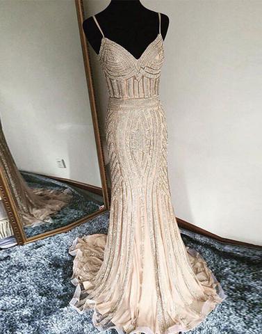 gold sparkle spaghetti straps mermaid long prom dress, PD7658