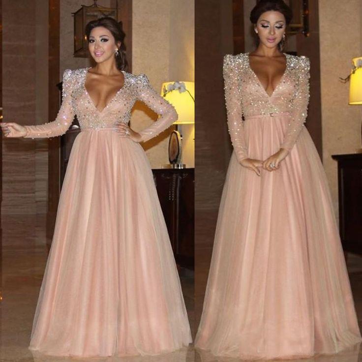 dusty pink v-neck A-line long sleeves beaded long prom dress, PD6522