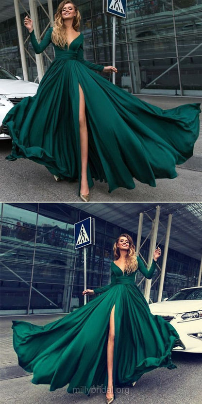 dark green v-neck long sleeves side slit long prom dress, PD7441