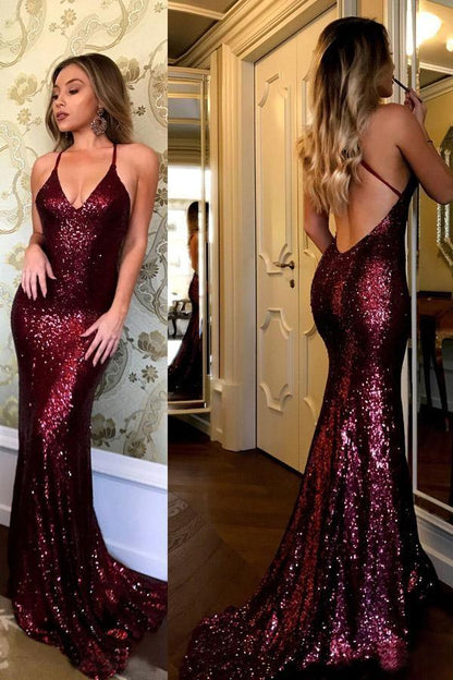 formal sparkle burgundy sequin mermaid long prom dress, BD6899