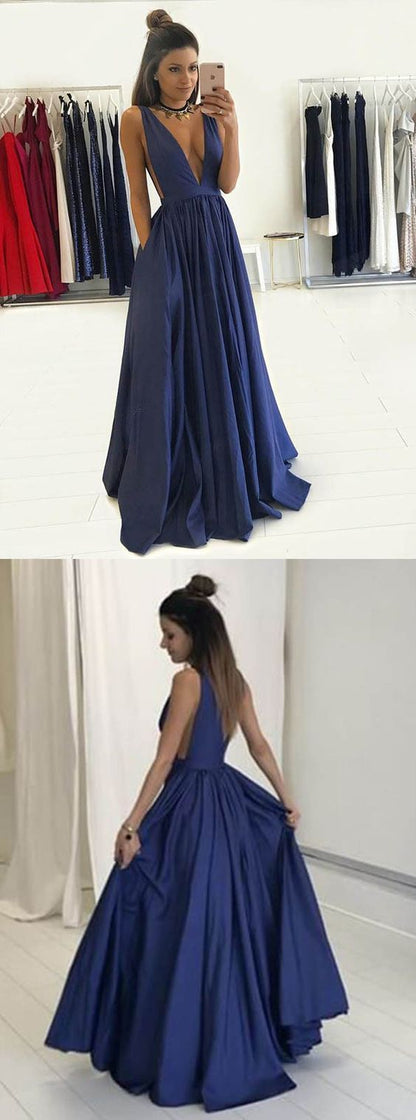 navy prom dress, long prom dress, v-neck prom dress, evening dress, prom dress, BD384