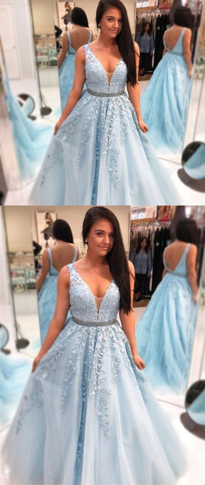 light blue v-neck long A-line prom dress new arrive ball gown, BD1630