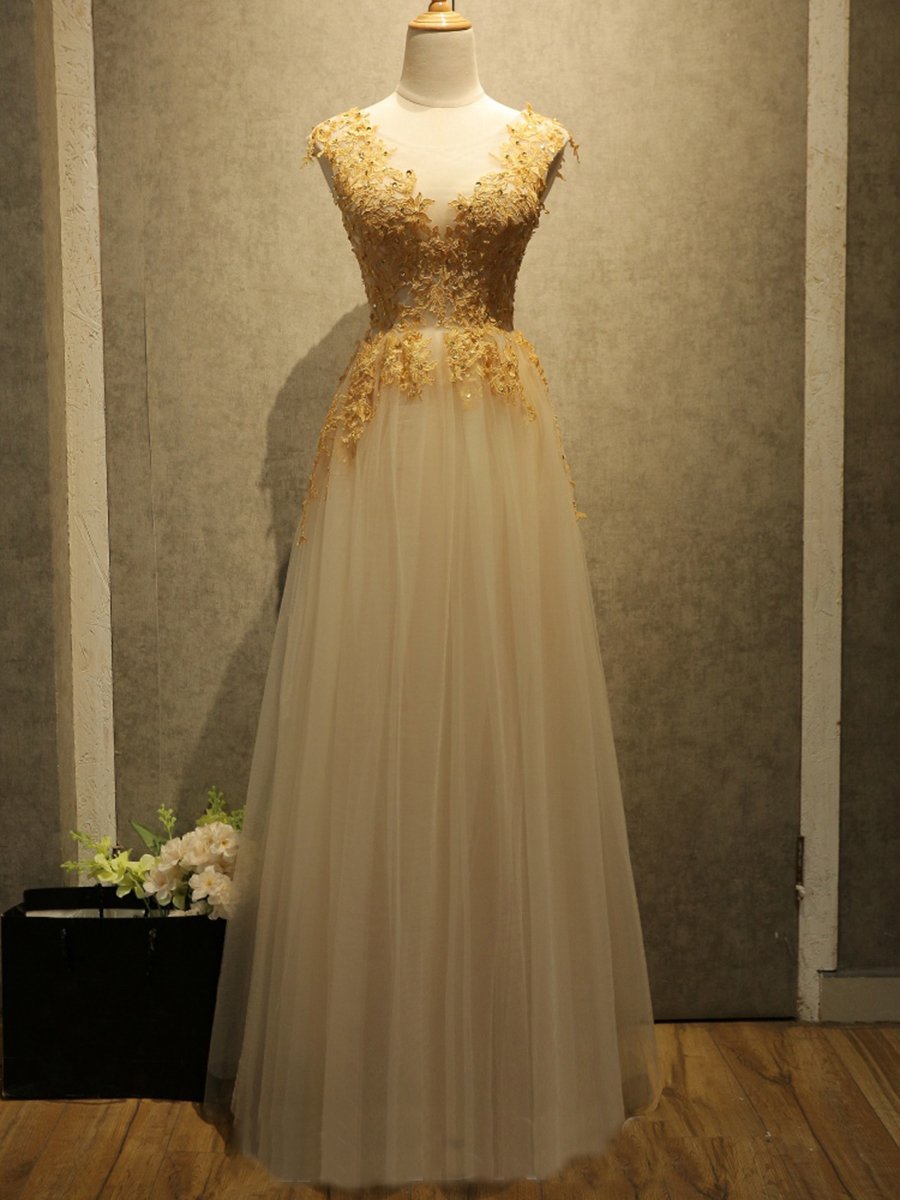 tulle gold lace appliques top long prom dress, PD1699