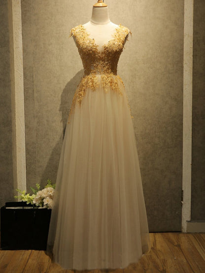 tulle gold lace appliques top long prom dress, PD1699