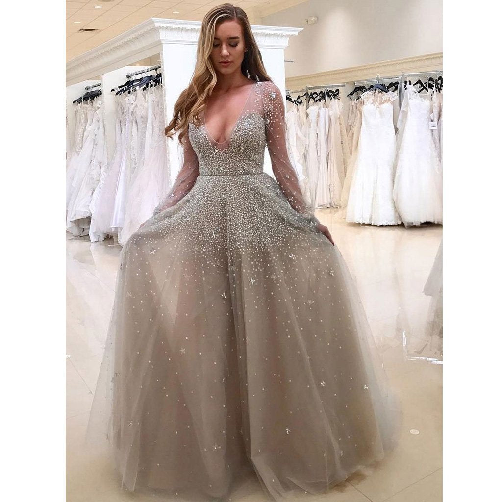 long sleeves v-neck beaded light gray long prom dress, PD9743