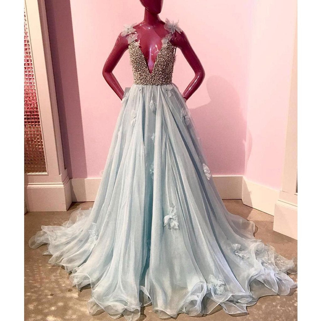 light blue v-neck long formal charming prom dress, PD9746