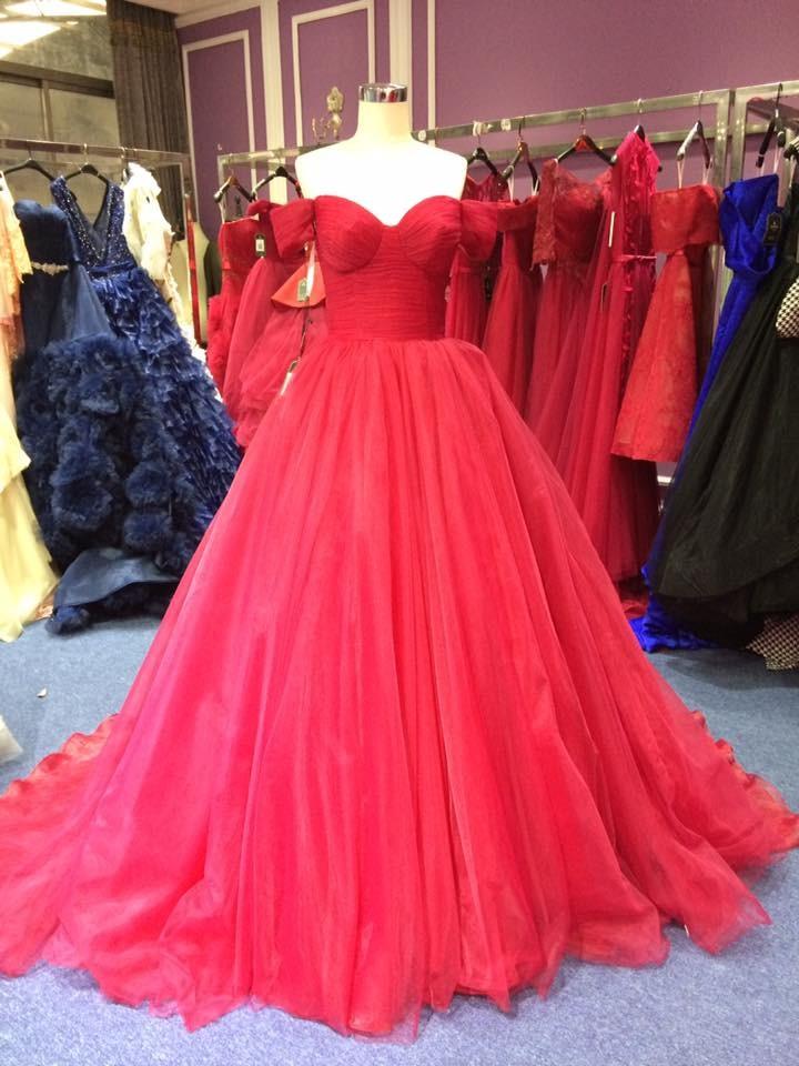 off shoulder red tulle A-line long prom dress, PD5477