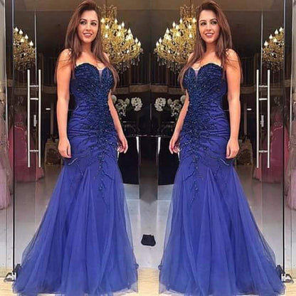 sweetheart dark blue beaded mermaid long prom dress, PD8879