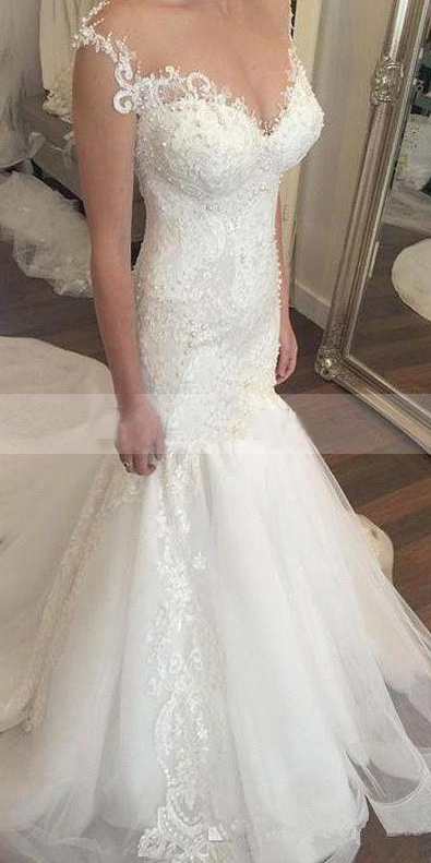 charming long train white beaded long mermaid lace wedding dress, WD102