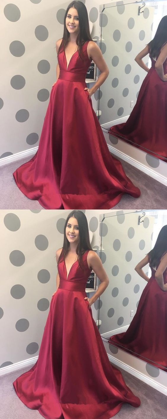 burgundy v-neck satin long simple prom dress, PD5899