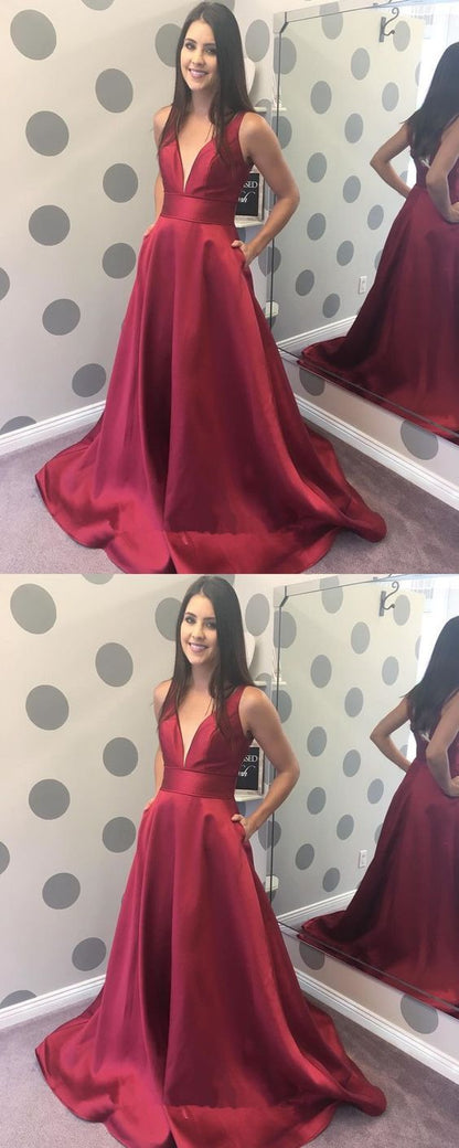 burgundy v-neck satin long simple prom dress, PD5899