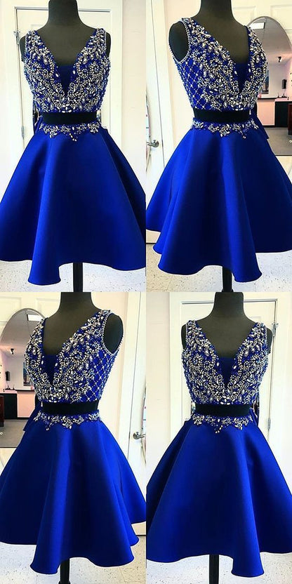 two pieces v-neck royal blue beaded homecoming dress, HD526