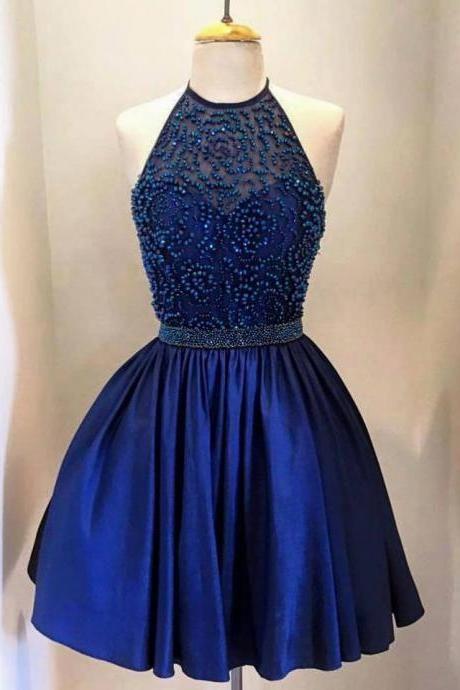 short navy blue halter beaded homecoming dress for girls, BD39766