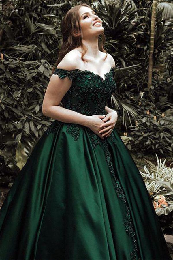 A-Line Ball Gown Off the Shoulder Evening Dresses Green Sleeveless Sweetheart Lace Satin Prom Dresses