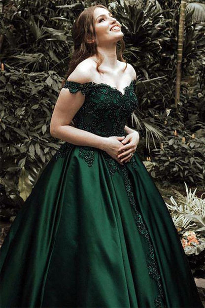 A-Line Ball Gown Off the Shoulder Evening Dresses Green Sleeveless Sweetheart Lace Satin Prom Dresses