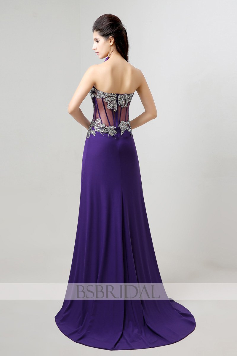 purple chiffon sweetheart side slit long prom dress, AJ023