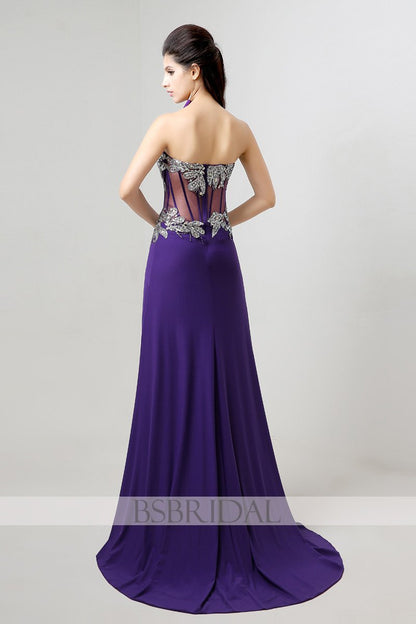 purple chiffon sweetheart side slit long prom dress, AJ023