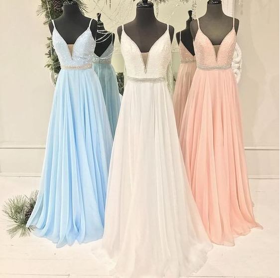 spaghetti straps long chiffon beaded 2017 prom dress, PD9779
