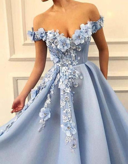 A Line Blue Off the Shoulder Tulle Lace Sweetheart 3D Flowers Prom Dresses,Formal Dress