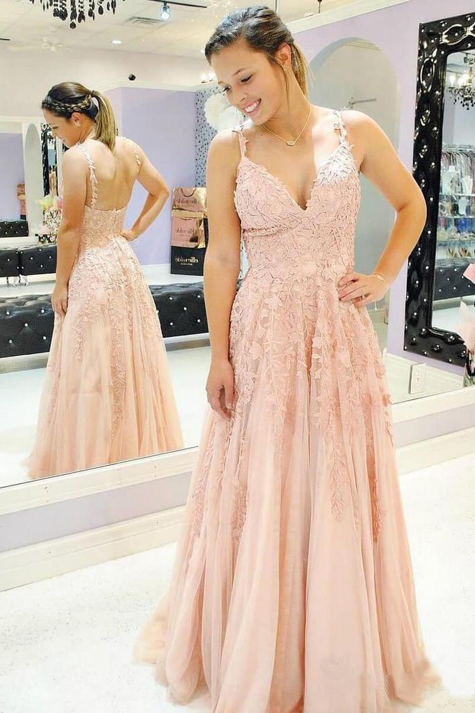 A Line Spaghetti Straps Prom Dresses V Neck Lace Appliques Evening Dress,