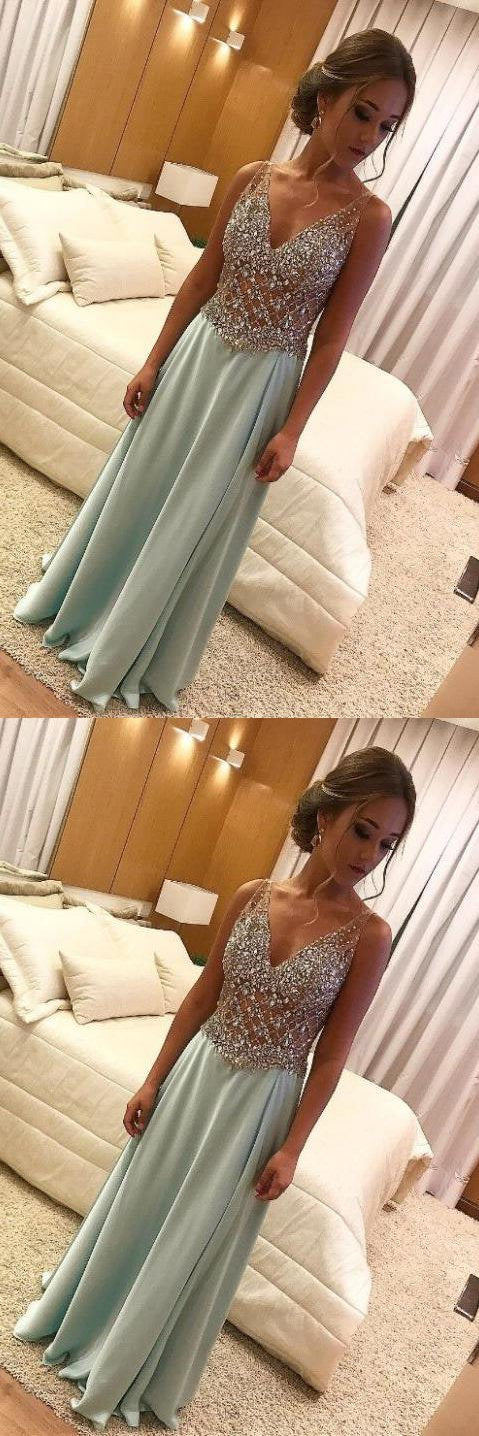 A Line V Neck Long Prom Dresses Light Green Beads Sleeveless Evening Dresses, Long Formal Dresses