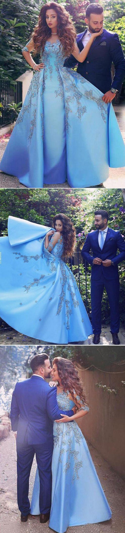 A line Blue Half Sleeve Satin Beads Prom Dresses Sweetheart Lace Appliques Formal Dress