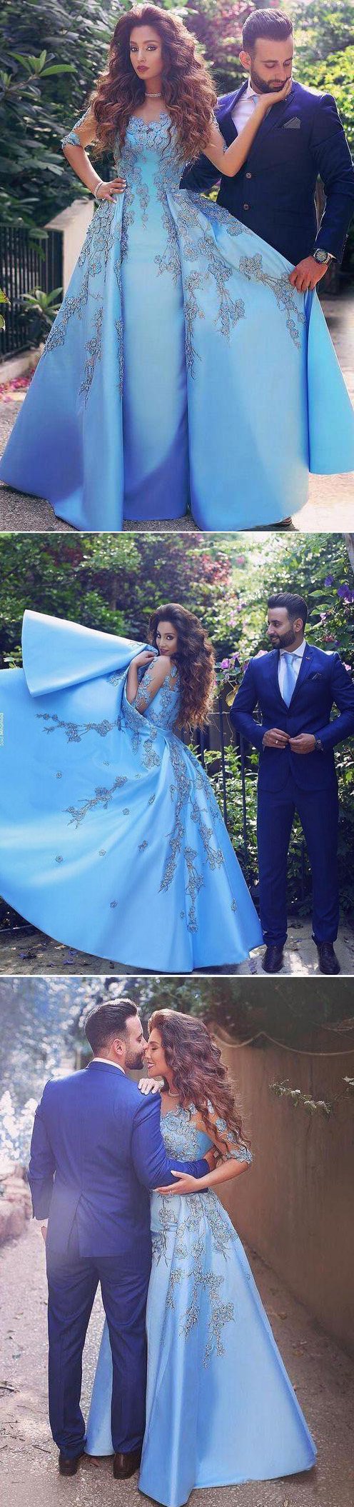 A line Blue Half Sleeve Satin Beads Prom Dresses Sweetheart Lace Appliques Formal Dress