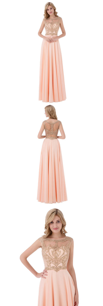 Applique Beaded Long Prom Dresses Dusty Pink Chiffon Evening Dresses A-Line Formal Dresses