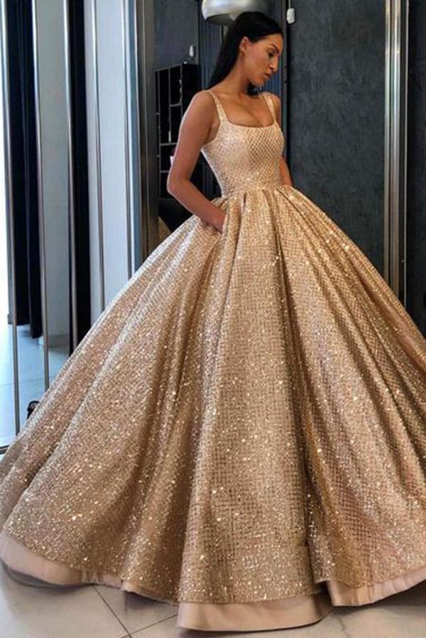 Ball Gown Prom Dress with Pockets Beads Sequins Evening Dresses Floor-Length Gold Quinceanera Dresses
