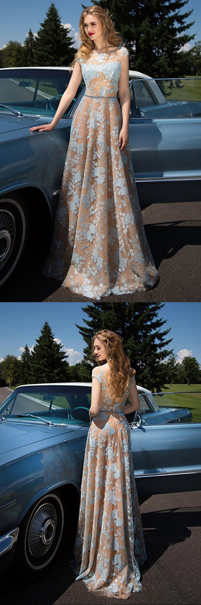 Charming Cap Sleeve Blue Lace Open Back A-Line Tulle Scoop Floor-Length Prom Dresses