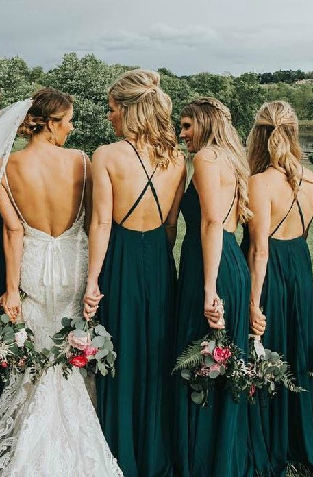 Cheap Chiffon Long Bridesmaid Dresses Green A-Line Bridesmaid Dresses Spaghetti Straps Backless Bridesmaid Dresses