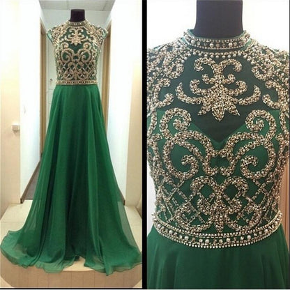 high neck cap sleeves formal beaded top chiffon green long prom dress, PD8857