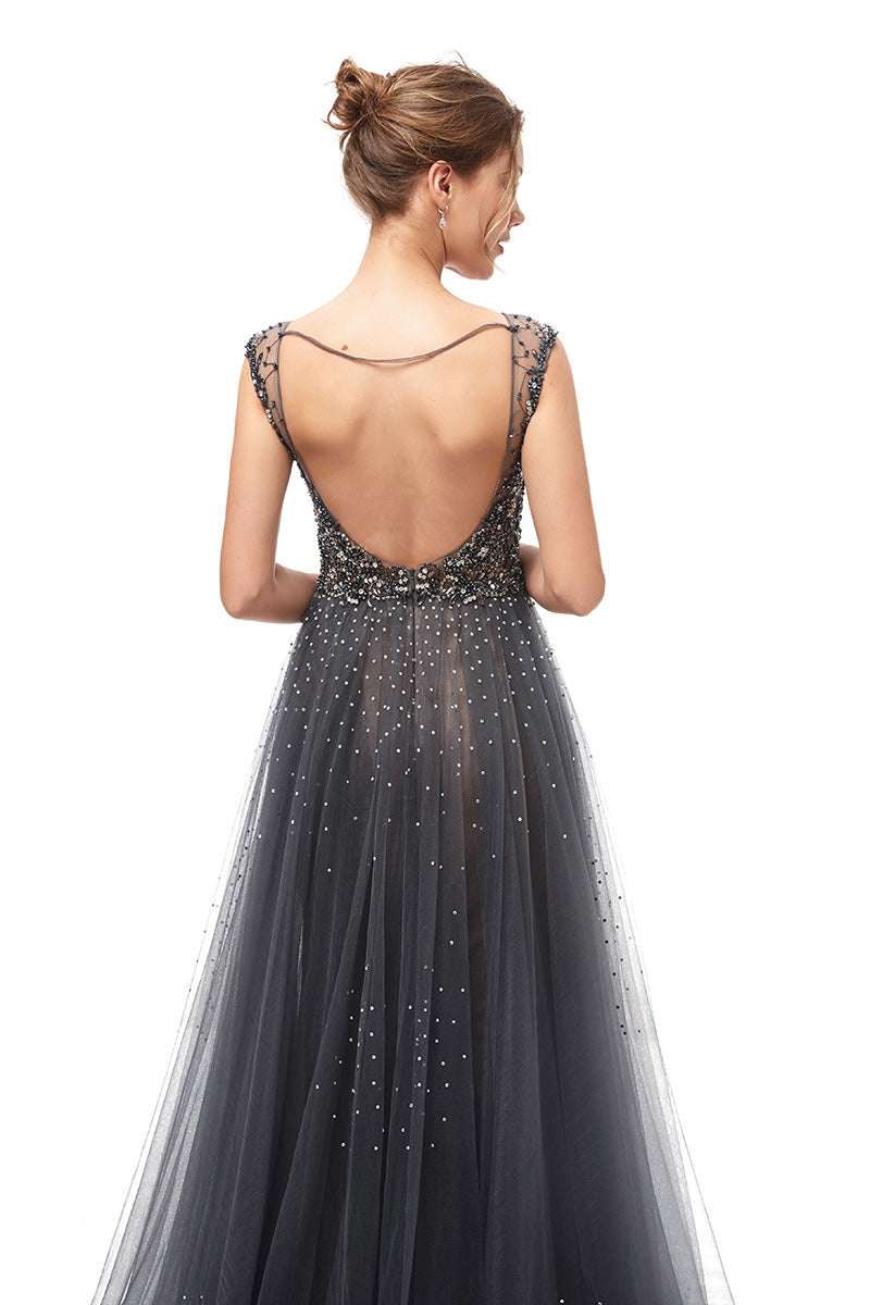 Sequin Beaded V Neck Prom Dresses Long Mermaid Evening Ball Gown Whit Train Dark Grey,LX5406