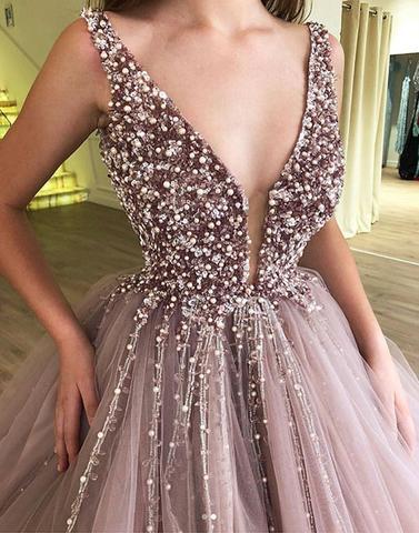 Deep V-Neck Long Prom Dresses Beaded Evening Dresses Tulle Ball Gowns Formal Dresses